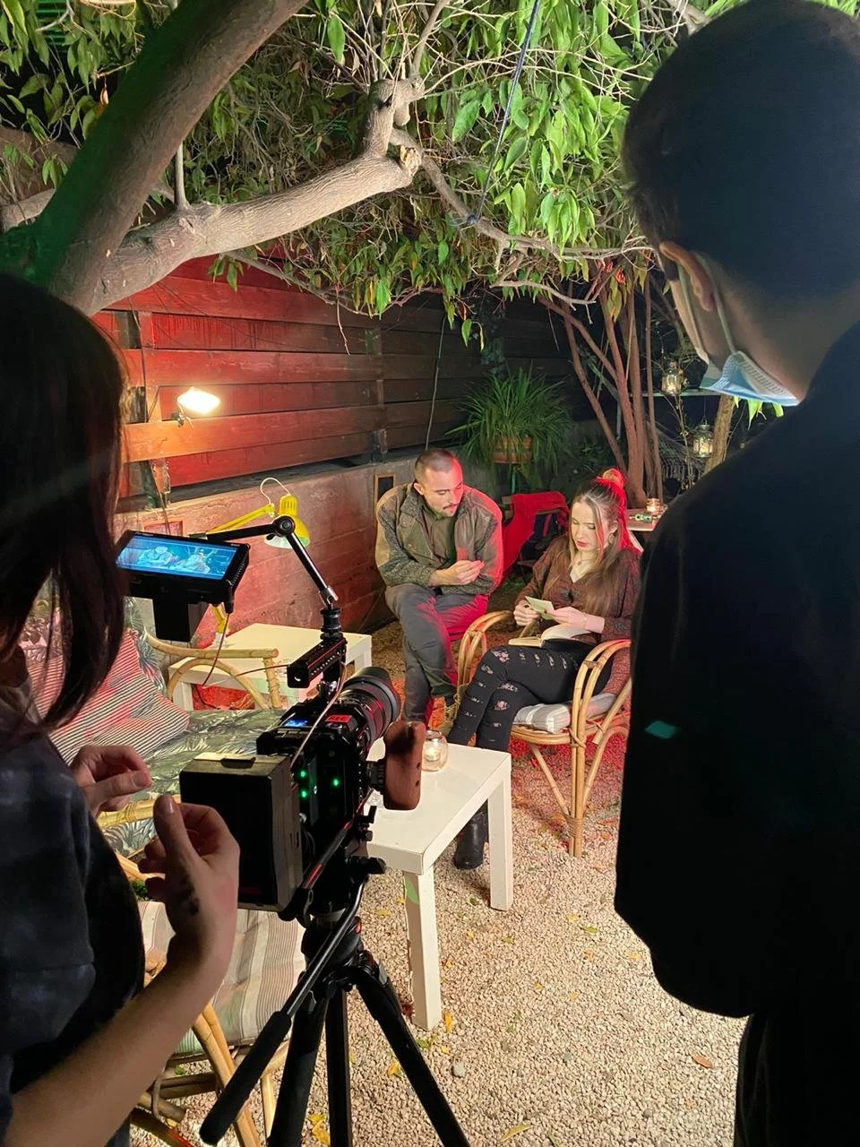 Cast and crew shooting at night for 'Dare' (2020).