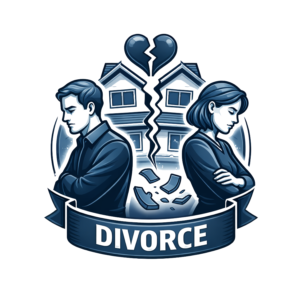 Illustration of a man and woman standing back to back with arms crossed, broken heart above their heads, broken house behind them, and a banner with the word 'DIVORCE' at the bottom.