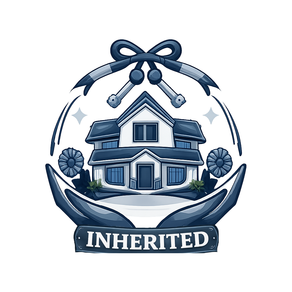 Illustration of a house surrounded by hands, with a ribbon and bow above, and the word 'INHERITED' at the bottom.