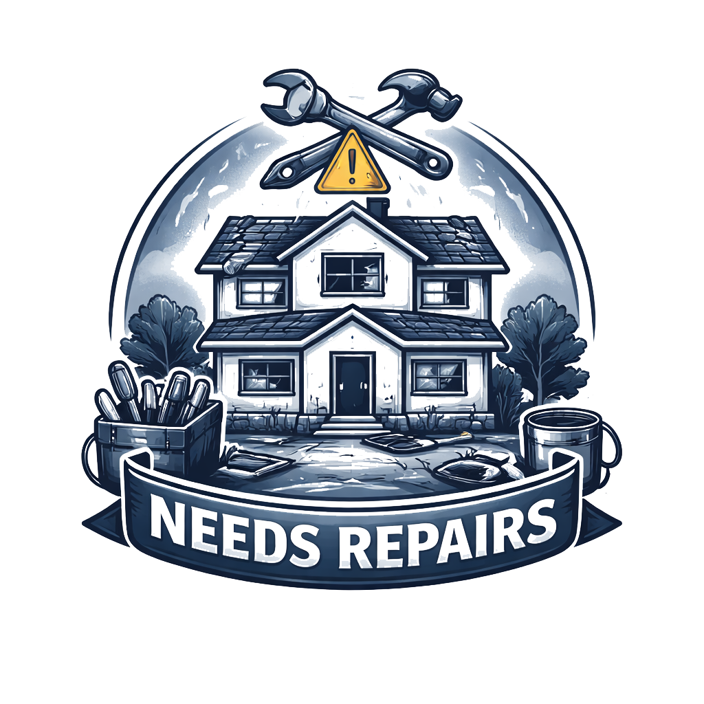 Illustration of a house with tools and repair supplies, surrounded by a banner reading 'Needs Repairs', indicating that the house requires maintenance or fixing.