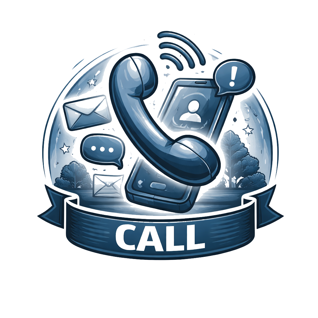 A graphic illustration of a telephone receiver, smartphone, speech bubbles, email icons, and a person profile on a mobile device, with trees and stars in the background, and a banner with the word 'CALL'.