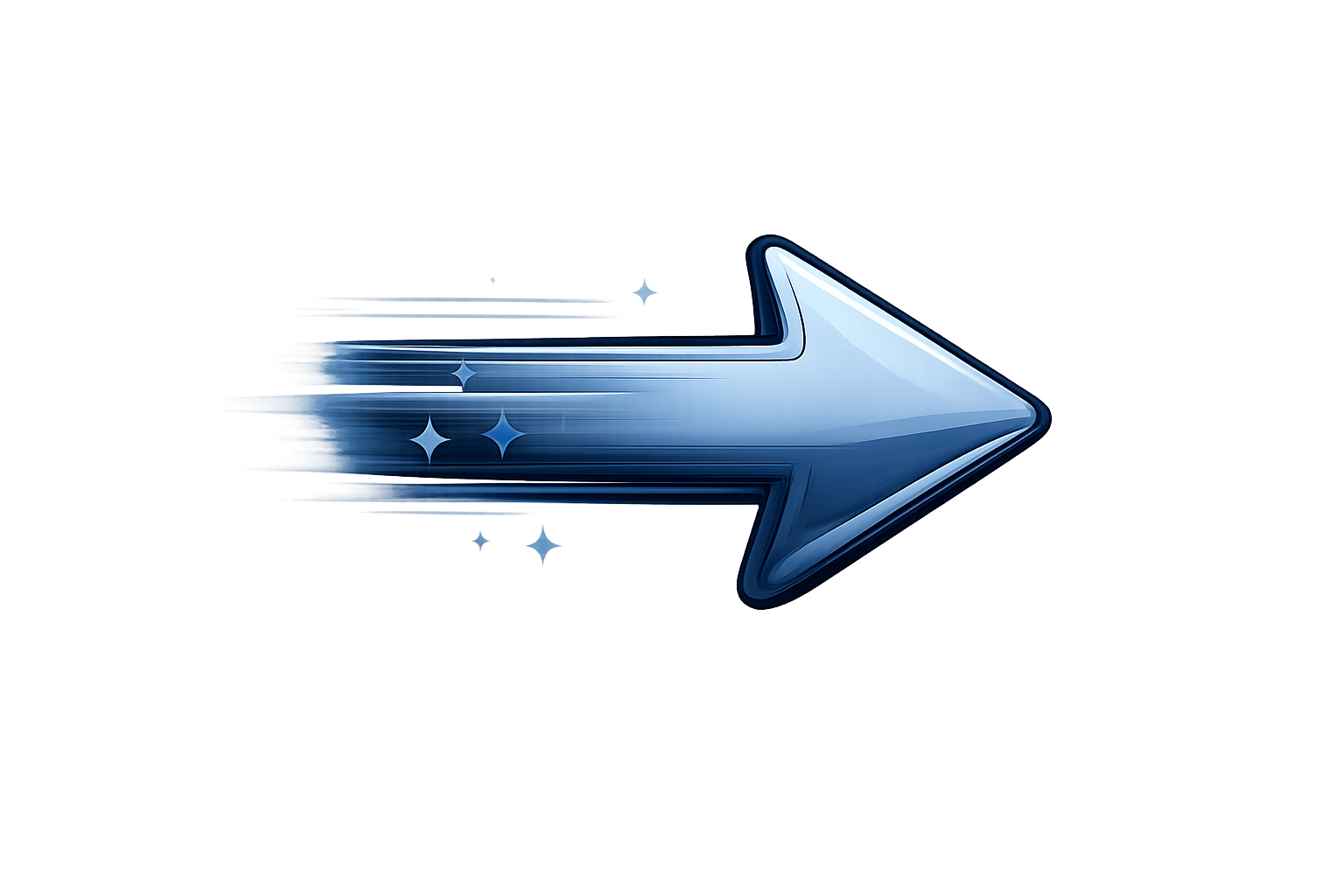 A digitally rendered forward-pointing arrow with a sleek, shiny blue metallic appearance, surrounded by abstract streaks of color and sparkle effects, creating a sense of motion and speed.