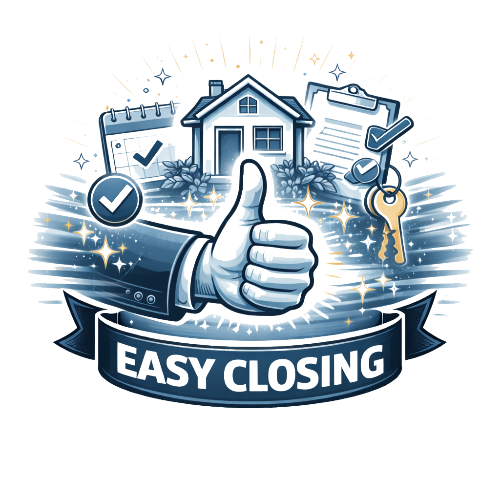 Illustration showing a house, clipboard, calendar, and keys with check marks, with a large thumbs-up in the foreground and a banner that reads "Easy Closing".