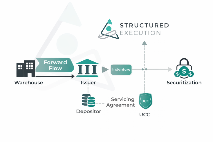 An infographic illustration showing a financial process flow: starting from a warehouse, moving through an issuer, then into structured execution, with connections to securitization, a depositor, a servicing agreement, and UCC.