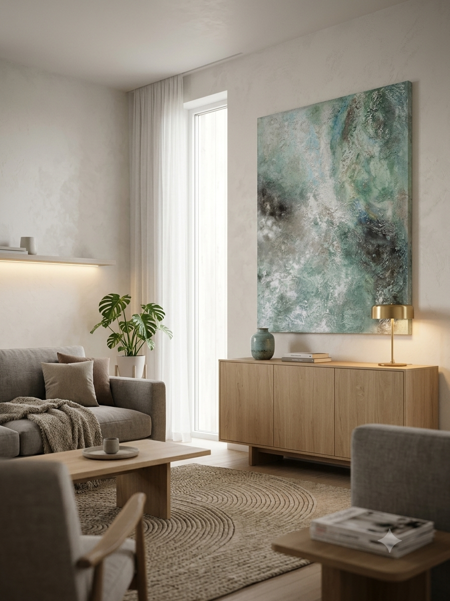 Et meget stort abstrakt maleri med kraftig struktur i hvirvlende lag af teal, søgrøn, grå, kulpigment og hvid. Maleriet hænger på en lys væg i en modern spiseplads over en skænk i lyst træ.