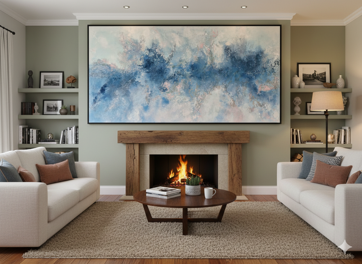 Stort abstrakt maleri i størrelsen 80x160 cm. Motivet består af drømmende penselstrøg i forskellige nuancer af blå, hvid og lyserød, der minder om skyer eller vand. Maleriet er vist i en moderne stue