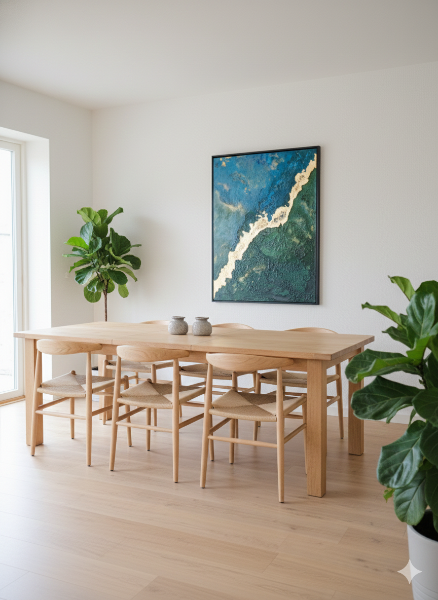 Stort abstrakt maleri 80x100 cm i skandinavisk stue med blå, grønne og guld nuancer monteret i sort svæveramme.