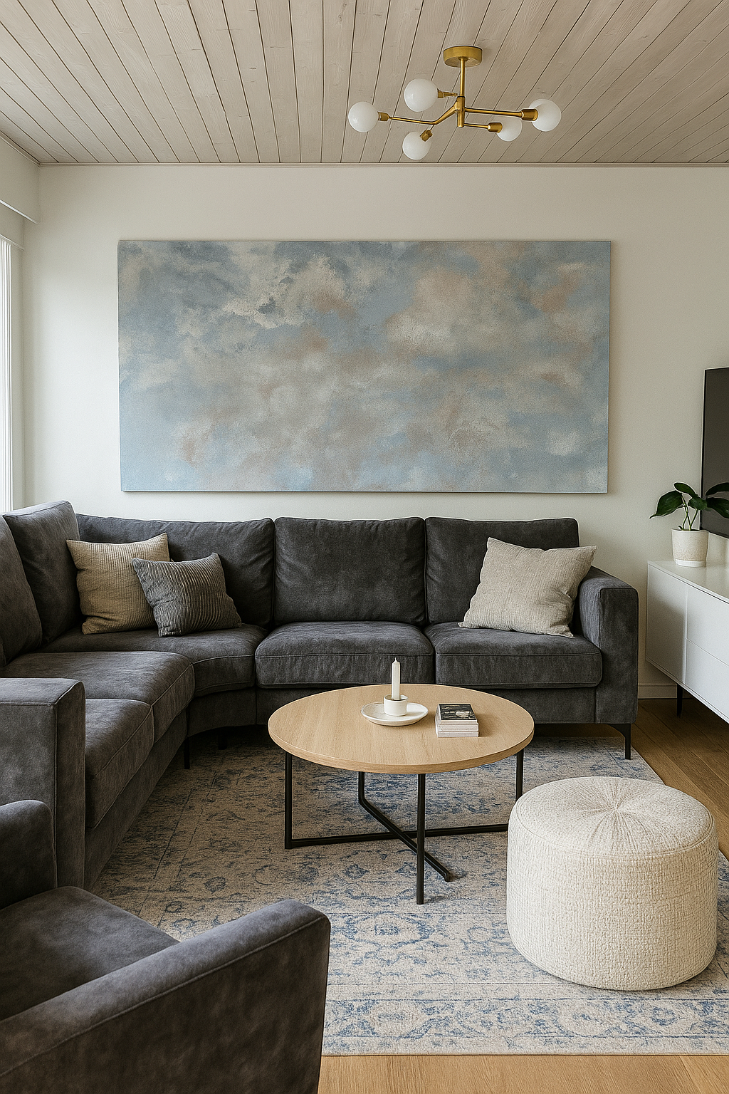 Stort abstrakt maleri med titlen Ethereal i blålige og grålige nuancer, 80x160 cm, monteret i guldramme i en moderne stue.