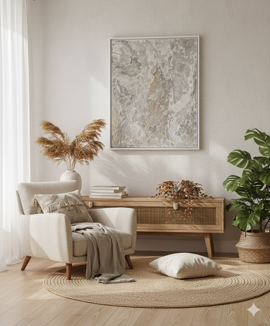 Stort abstrakt maleri i beige og grå nuancer med guld detaljer, ophængt i en lys stue med skandinavisk boho indretning.