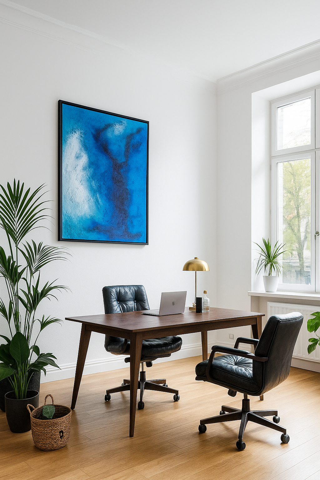 Moderne blåt abstrakt maleri af Giedre Yager med kraftig tekstur, udstillet i en lys skandinavisk kontor