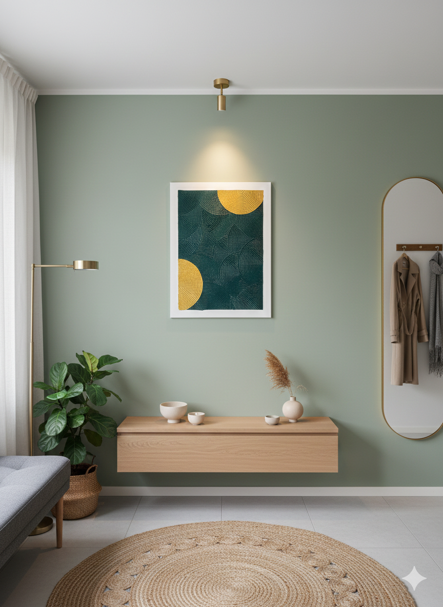 Abstrakt maleri med cirkulær tekstur i mørkegrøn og guld, perfekt til en skandinavisk indretning.