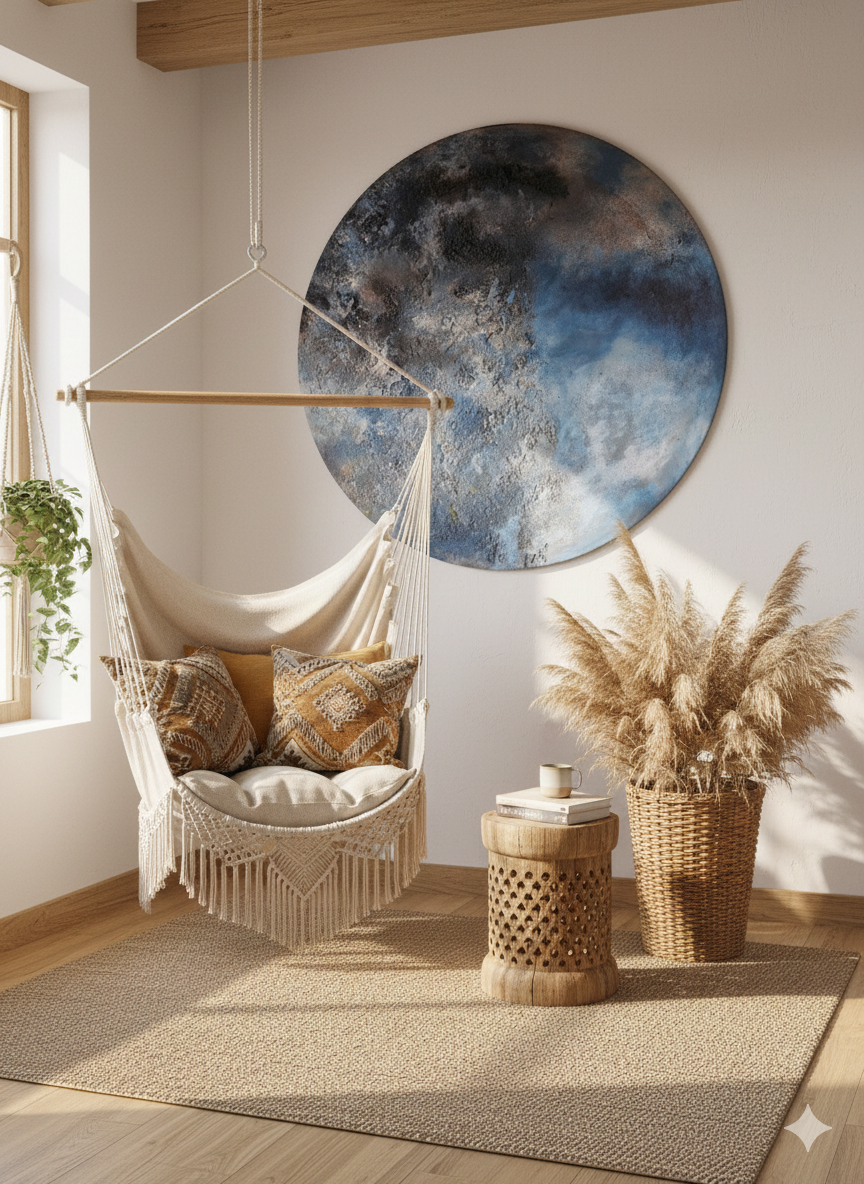 Rundt abstrakt maleri med kraftig tekstur i blå, grå og sorte nuancer, der minder om en planet eller en måneoverflade på en hvid baggrund.