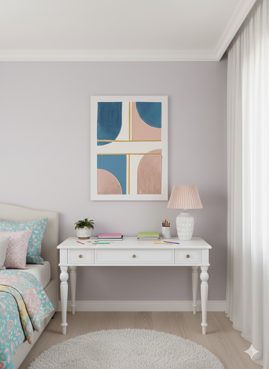 Moderne abstrakt maleri med tekstur, blå og lyserøde buer samt detaljer i guld, 60x80 cm, vist i en minimalistisk boligindretning.