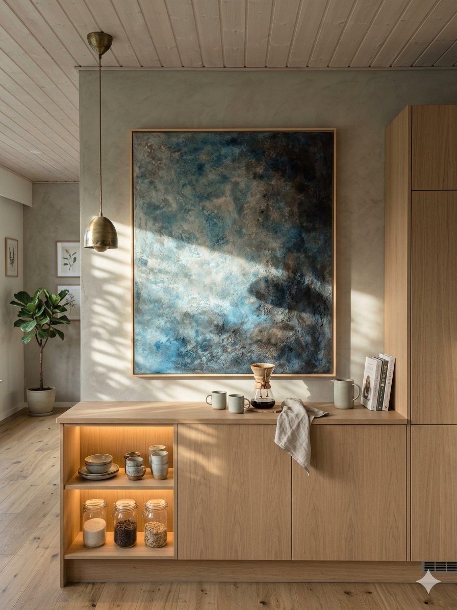 Stort abstrakt maleri med titlen 'Cosmos' udstillet på et staffeli. Maleriet har en kraftig struktur af sand og akryl i blå, grå og beige nuancer, indrammet i en lys træramme.