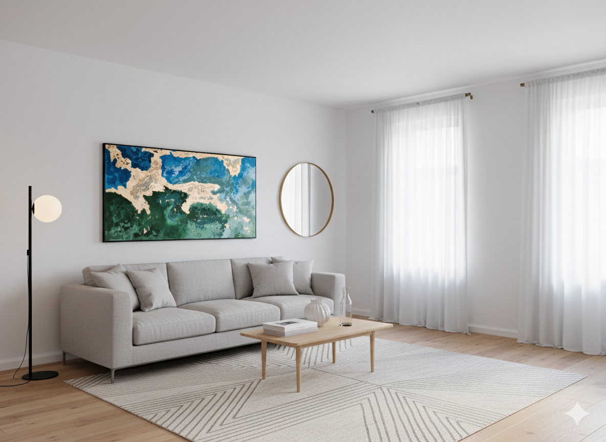 Large horizontal abstract landscape painting named Terra featuring blue and green colors with gold leaf textures hanging in living room.