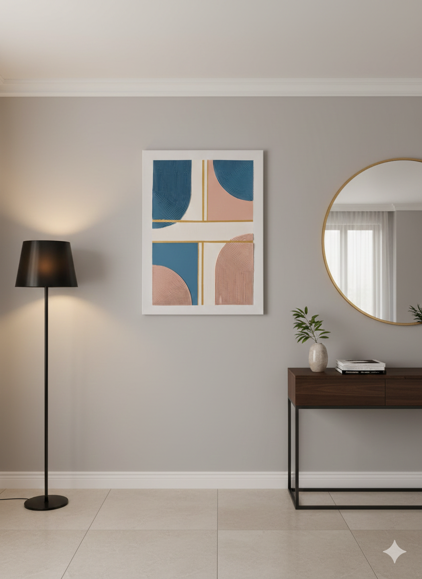 Modern abstract textured wall art with blue and pink arched patterns and gold line details, 60x80cm, displayed in a minimalist home interior.