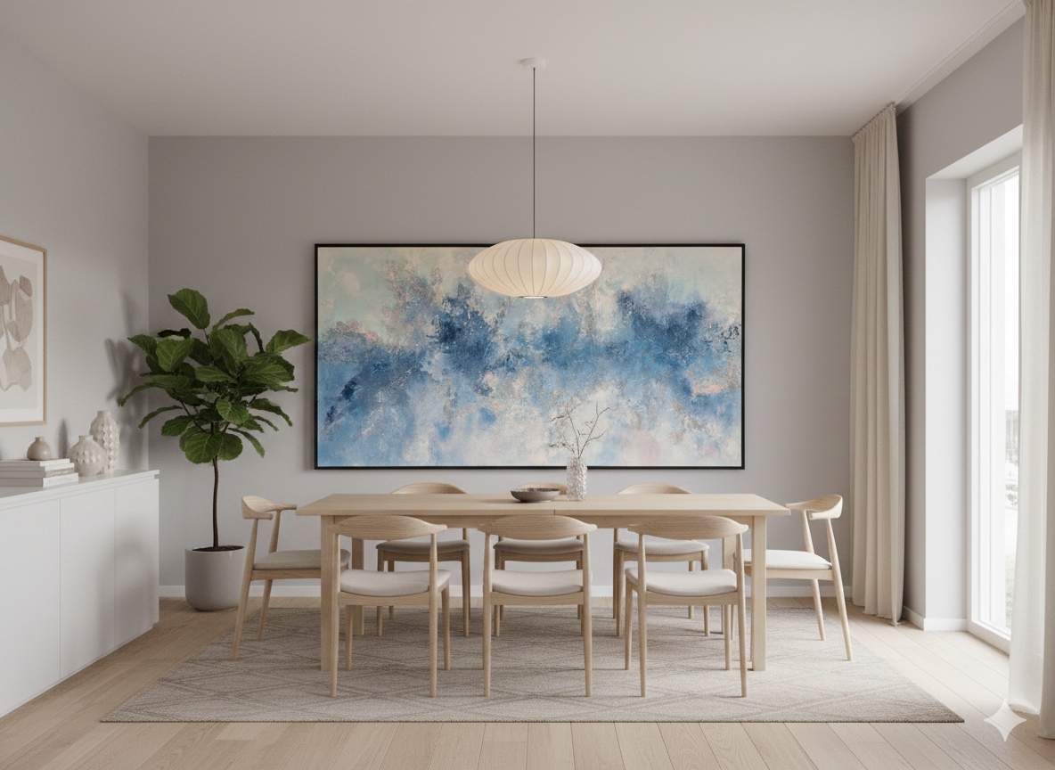 Stort abstrakt maleri i størrelsen 80x160 cm. Motivet består af drømmende penselstrøg i forskellige nuancer af blå, hvid og lyserød, der minder om skyer eller vand. Maleriet er vist i en moderne stue