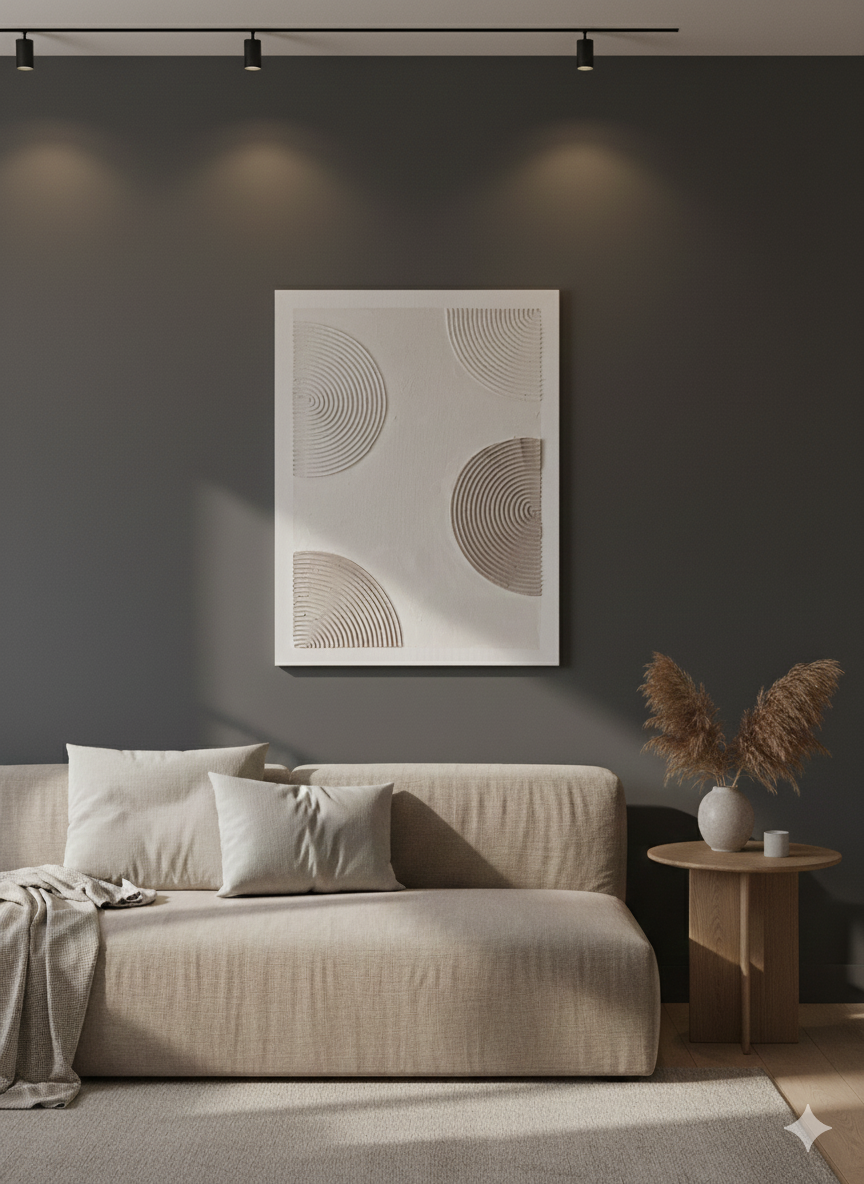 60x80 cm abstrakt hvidt maleri med struktur-cirkler. Håndlavet moderne vægkunst i minimalistisk stil.