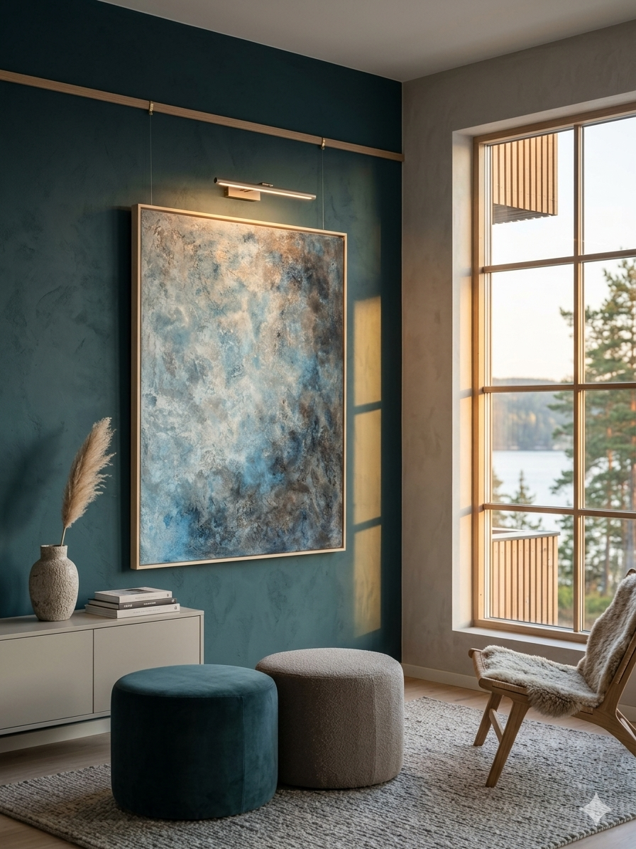 Stort abstrakt maleri med titlen 'Cosmos' udstillet på et staffeli. Maleriet har en kraftig struktur af sand og akryl i blå, grå og beige nuancer, indrammet i en lys træramme.