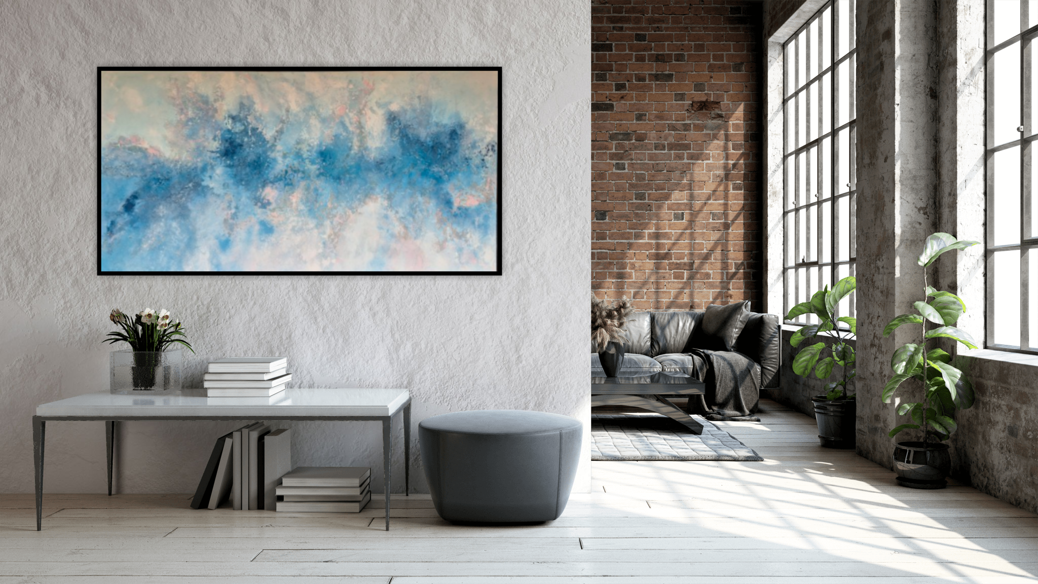 Stort abstrakt maleri i størrelsen 80x160 cm. Motivet består af drømmende penselstrøg i forskellige nuancer af blå, hvid og lyserød, der minder om skyer eller vand. Maleriet er vist i en moderne stue