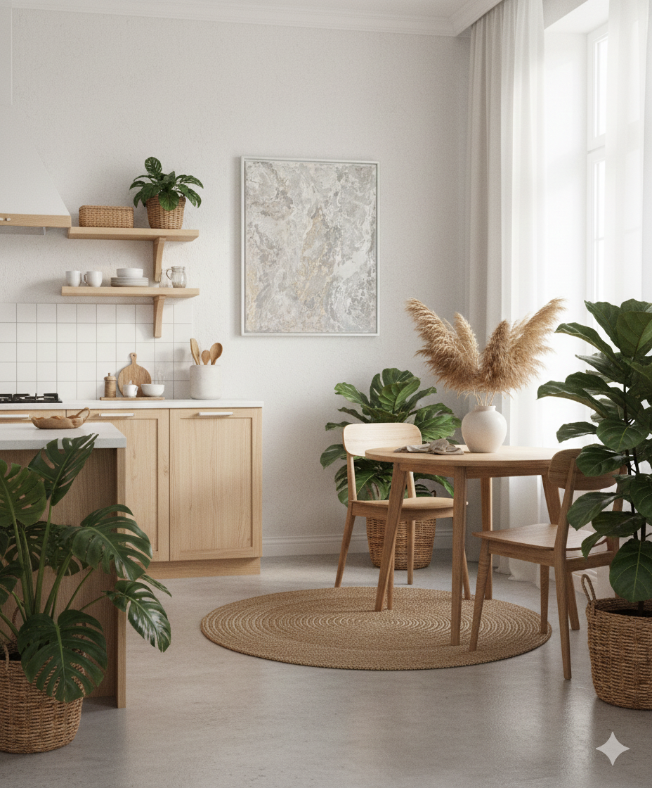 Stort abstrakt maleri i beige og grå nuancer med guld detaljer, ophængt i en lys stue med skandinavisk boho indretning.