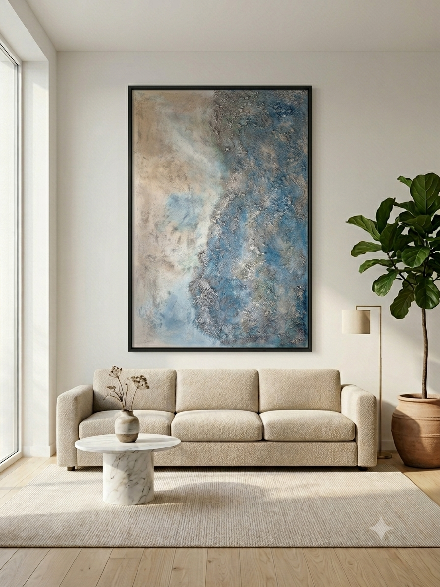 Stort abstrakt maleri i blå og sandfarvede nuancer med kraftig struktur af strandsand, 100x150 cm
