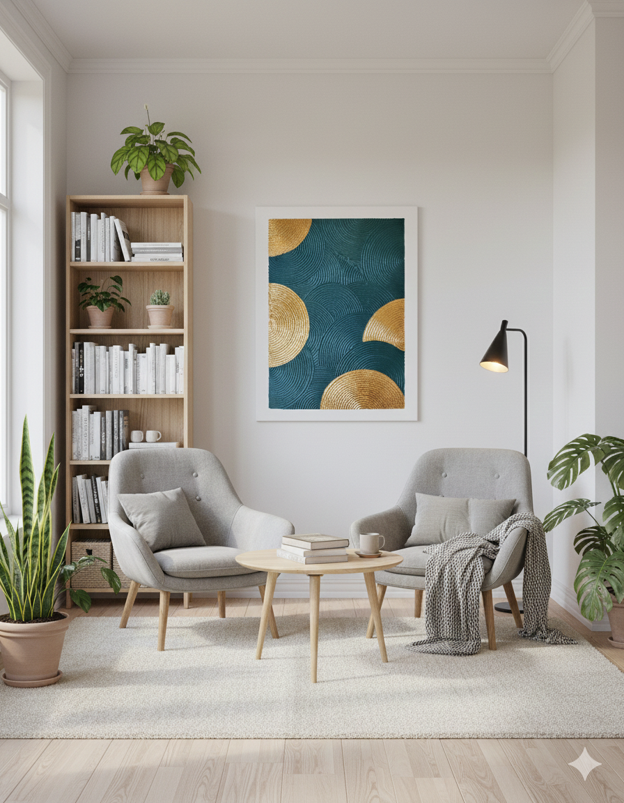 Abstrakt maleri med dyb mørkegrøn og mørkegrøn tekstur, der danner bølgede mønstre med tre store, strukturerede cirkler i bladguld placeret asymmetrisk.