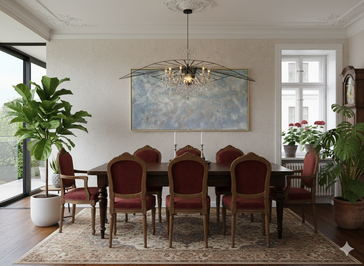 Stort abstrakt maleri med titlen Ethereal i blålige og grålige nuancer, 80x160 cm, monteret i guldramme i en moderne stue.