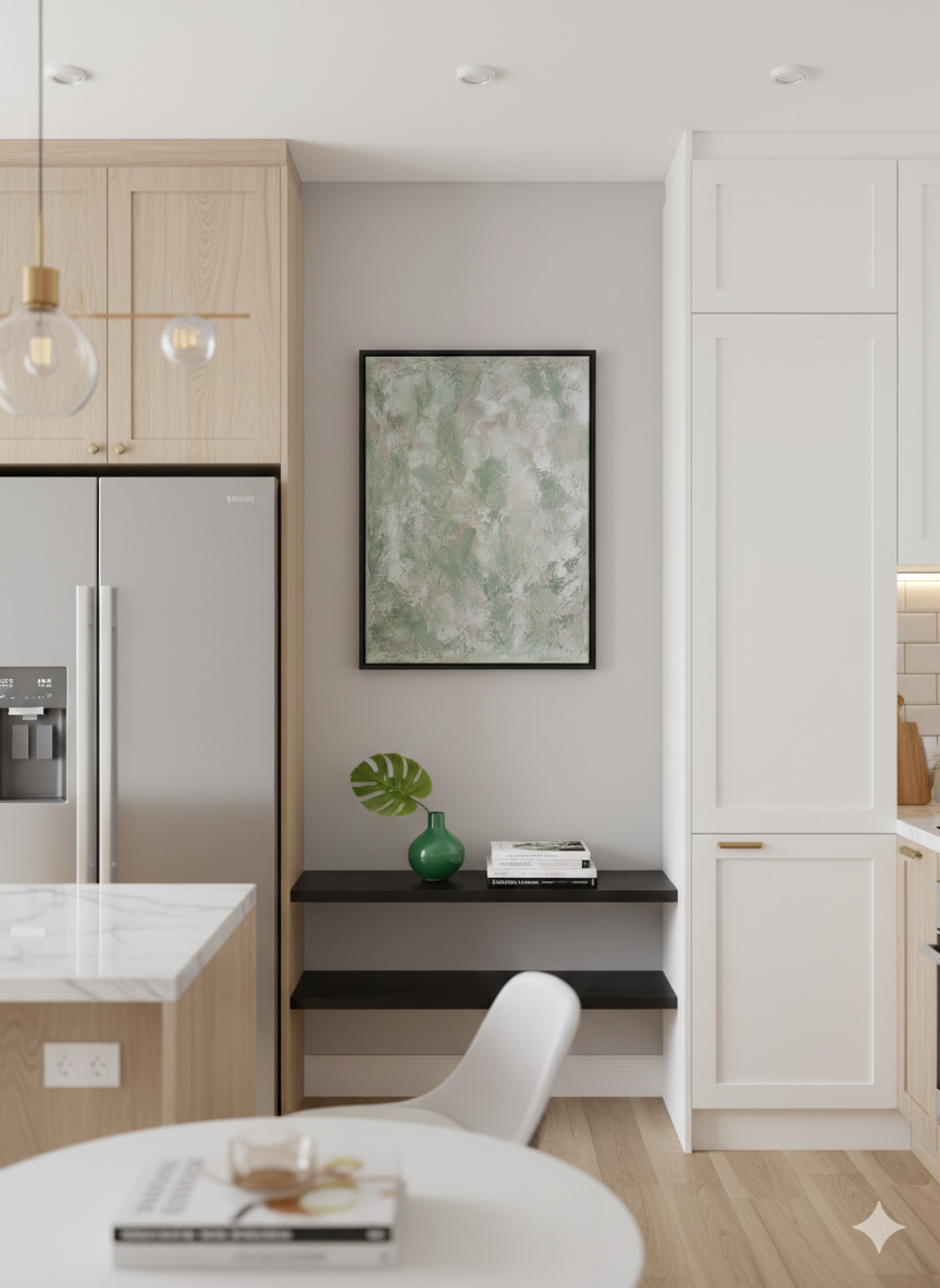 Stort grønt abstrakt maleri med tekstur i sort ramme, 60x80 cm, moderne kunst til boligindretning.