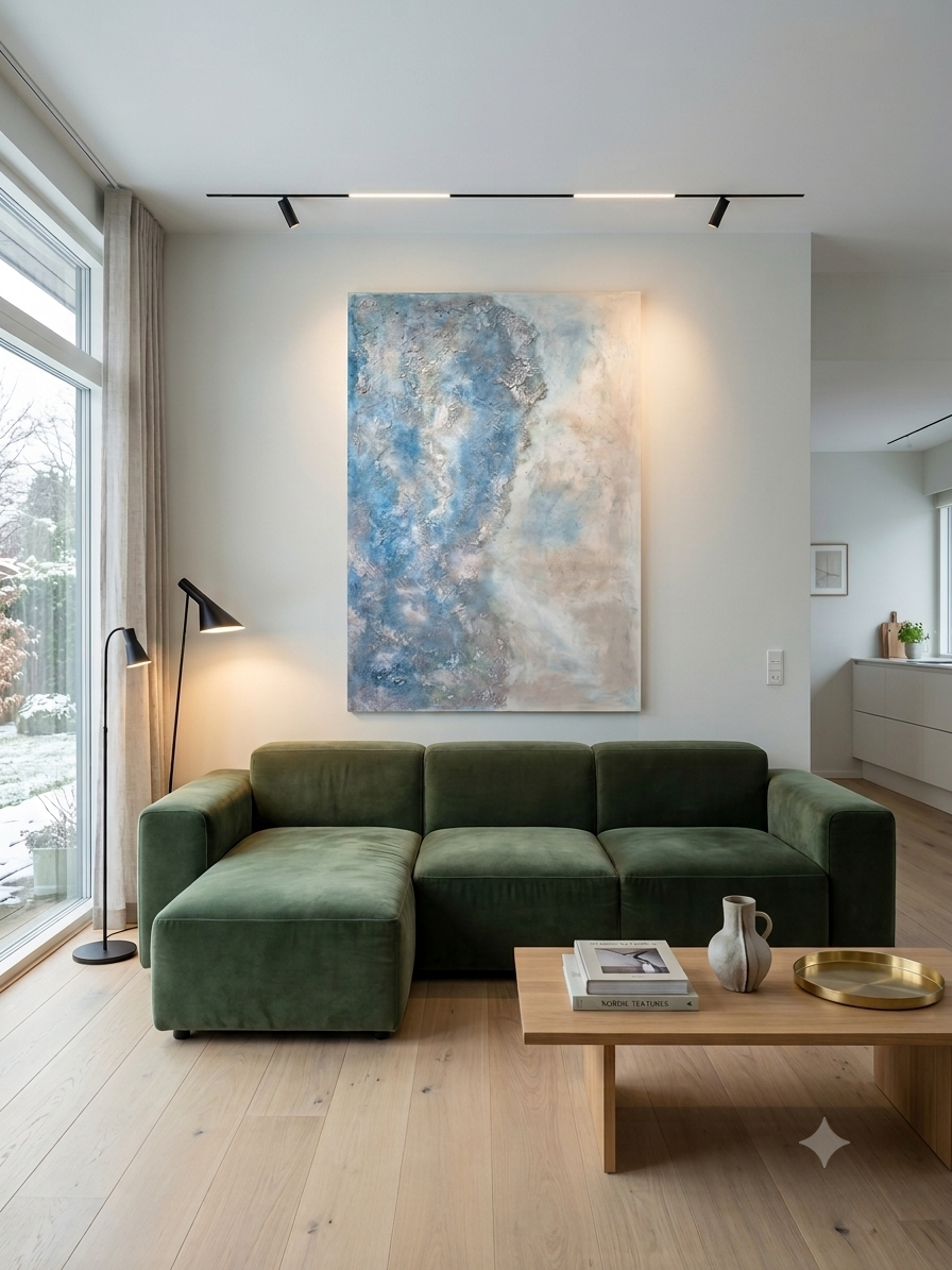 Stort abstrakt maleri i blå og sandfarvede nuancer med kraftig struktur af strandsand, 100x150 cm