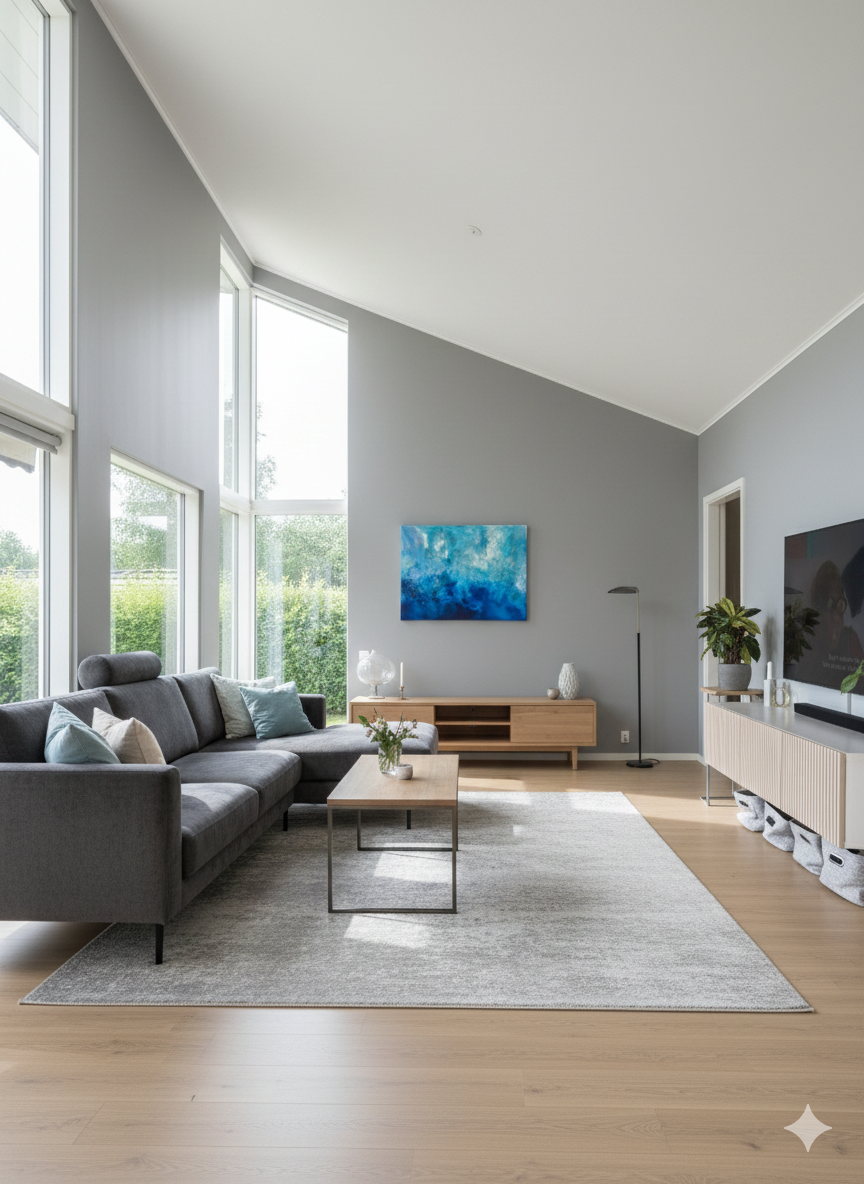 ​Stort blåt abstrakt maleri (90x120 cm) med nuancer af turkis, navy og hvid monteret i en moderne lys stue. Moderne dansk kunst til væggen.