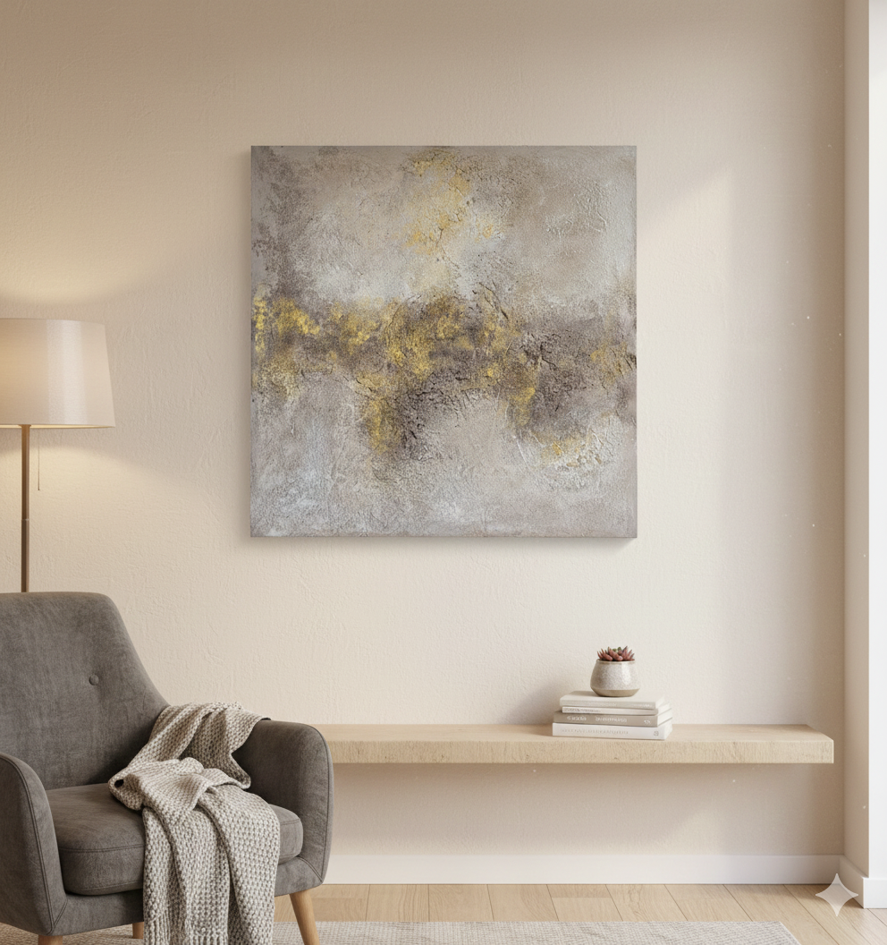 ​A square abstract textured painting featuring earth tones of grey and brown with a vibrant horizontal streak of gold leaf, hung in a bright, modern living room