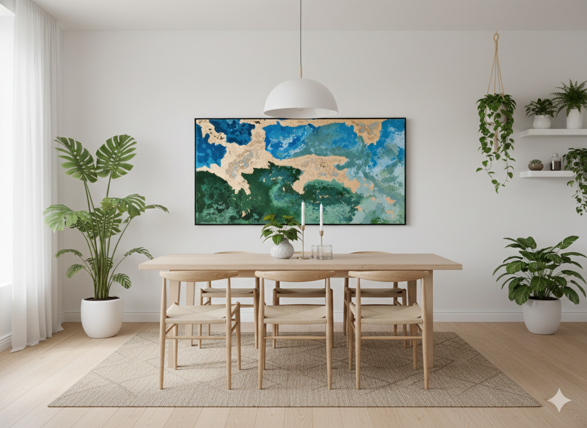 Large horizontal abstract landscape painting named Terra featuring blue and green colors with gold leaf textures hanging in a dining room.