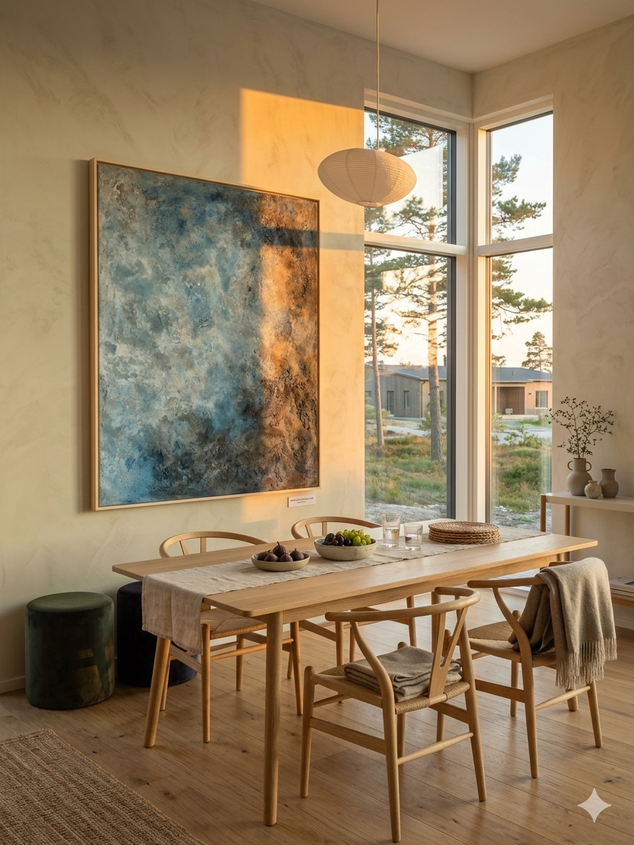 Stort abstrakt maleri med titlen 'Cosmos' udstillet på et staffeli. Maleriet har en kraftig struktur af sand og akryl i blå, grå og beige nuancer, indrammet i en lys træramme.