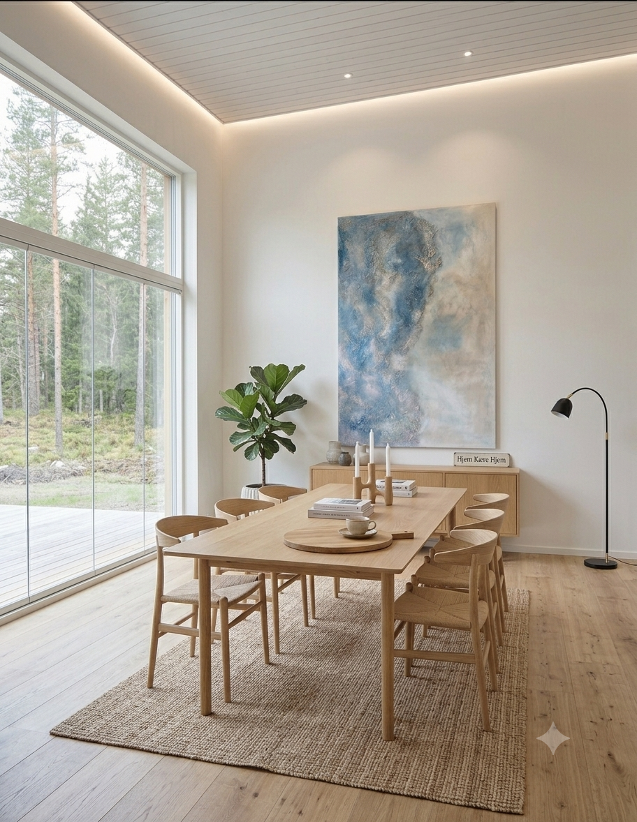 Stort abstrakt maleri i blå og sandfarvede nuancer med kraftig struktur af strandsand, 100x150 cm