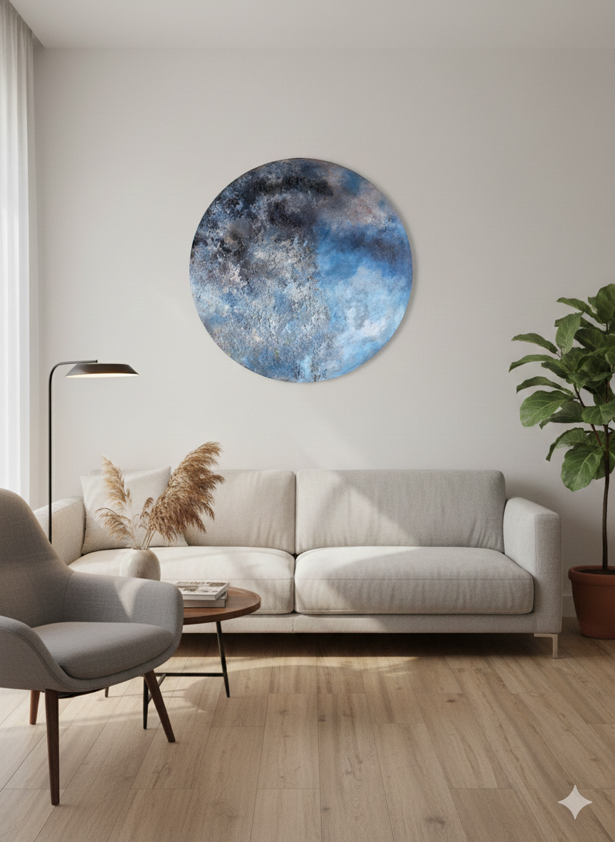 Rundt abstrakt maleri med kraftig tekstur i blå, grå og sorte nuancer, der minder om en planet eller en måneoverflade på en hvid baggrund.