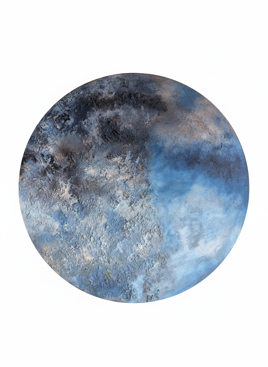 Rundt abstrakt maleri med kraftig tekstur i blå, grå og sorte nuancer, der minder om en planet eller en måneoverflade på en hvid baggrund.