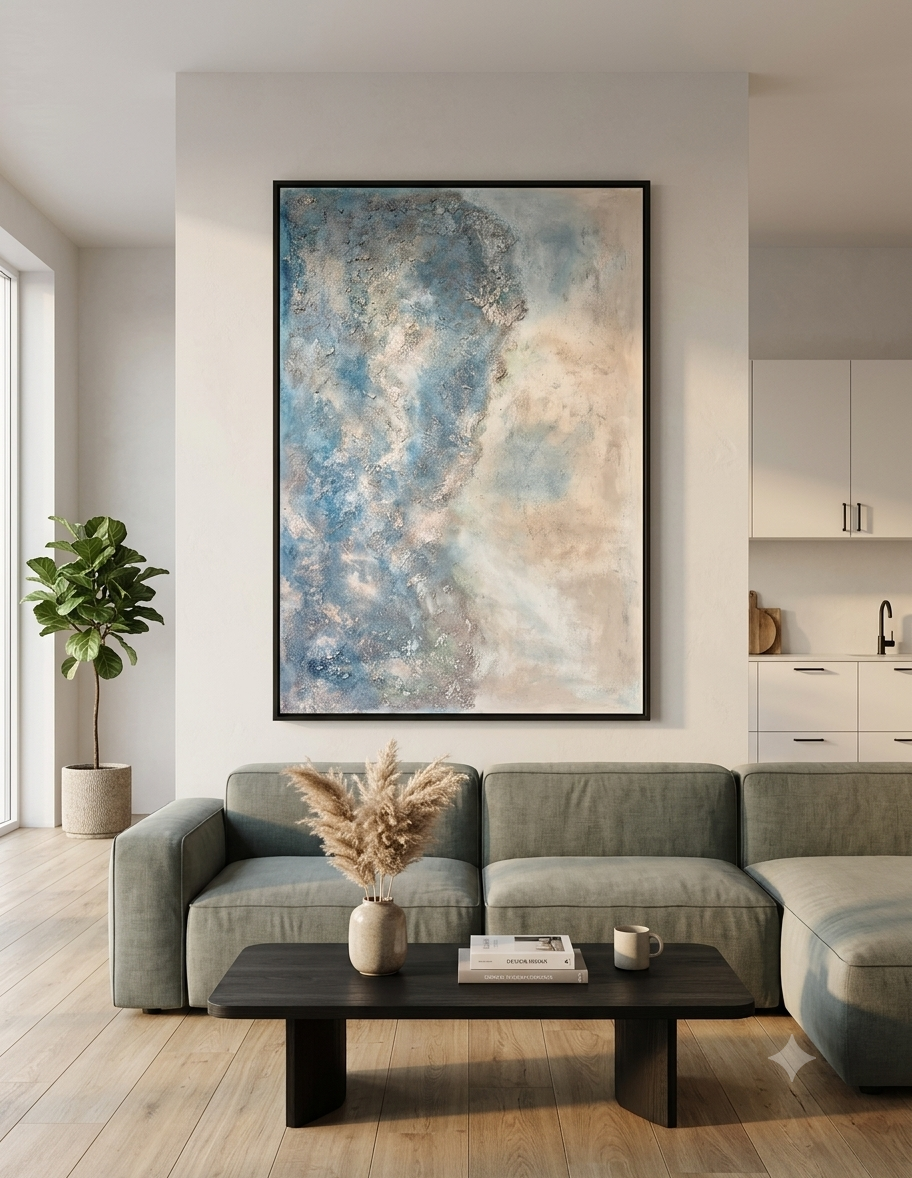 Stort abstrakt maleri i blå og sandfarvede nuancer med kraftig struktur af strandsand, 100x150 cm