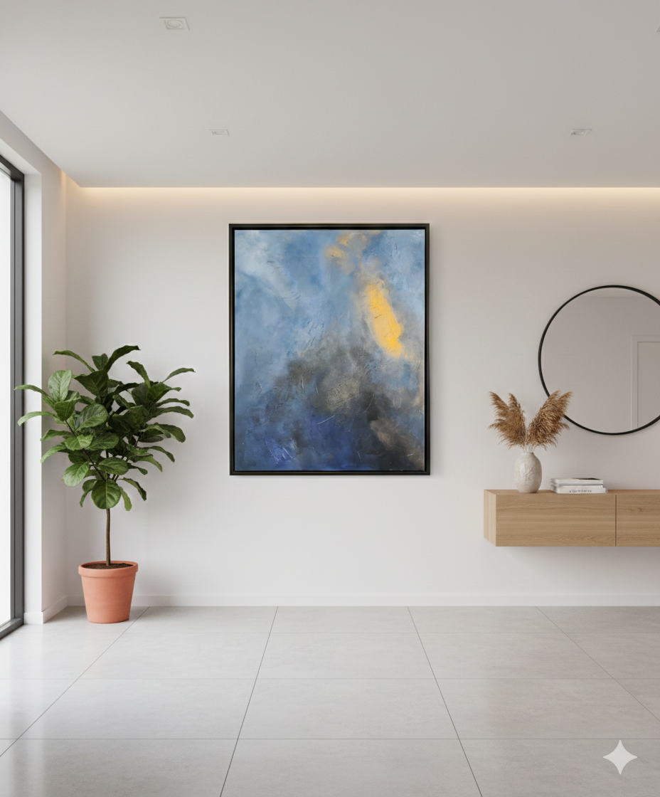 Moderne abstrakt maleri med titlen Celestial i blå, grå og gule nuancer, 80x100 cm, vist i en moderne indretning.