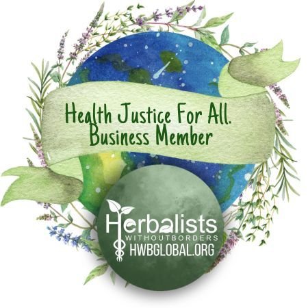 A circular illustration featuring a globe surrounded by plant leaves and flowers, with a banner that reads 'Health Justice For All. Business Member,' and a logo for Herbalists Without Borders and the website hwbglobal.org.