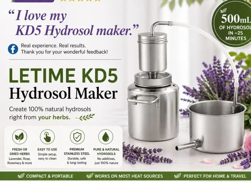 A stainless steel herbal hydrosol maker with a tube pouring liquid into a container, surrounded by lavender flowers, on packaging promoting natural hydrosols.