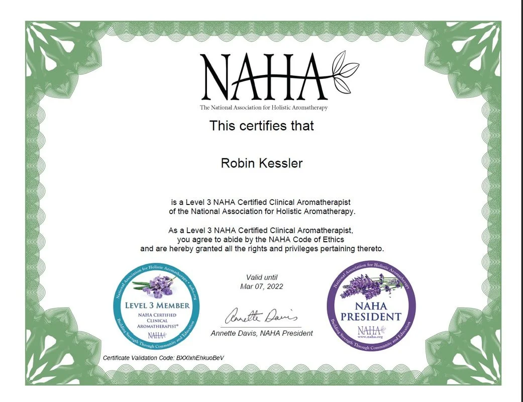NAHA certification document with green decorative border, company logos including lavender flowers, and signatures, certifying Robin Kessler as a Level 3 NAHA Certified Clinical Aromatherapist.