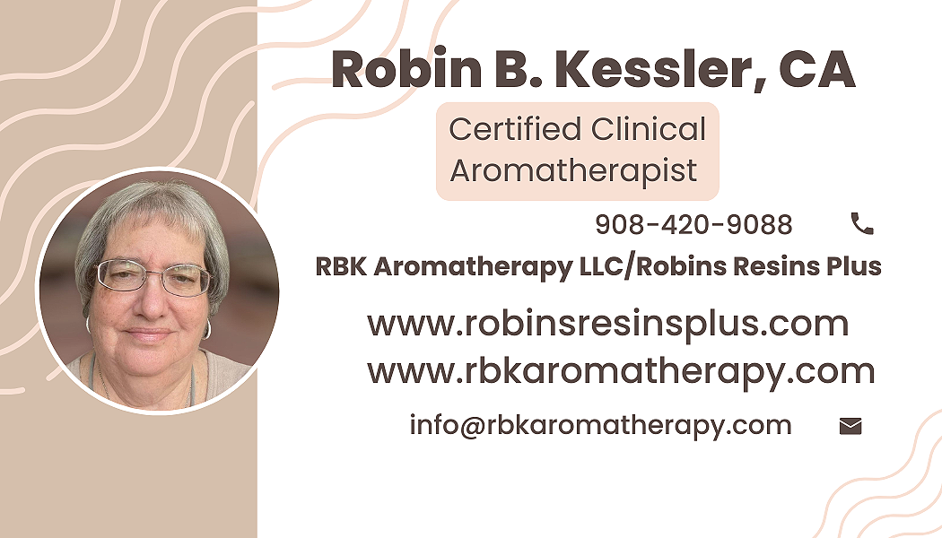 Business card for Robin B. Kessler, a Certified Clinical Aromatherapist. It includes her photo, contact information, and website addresses.