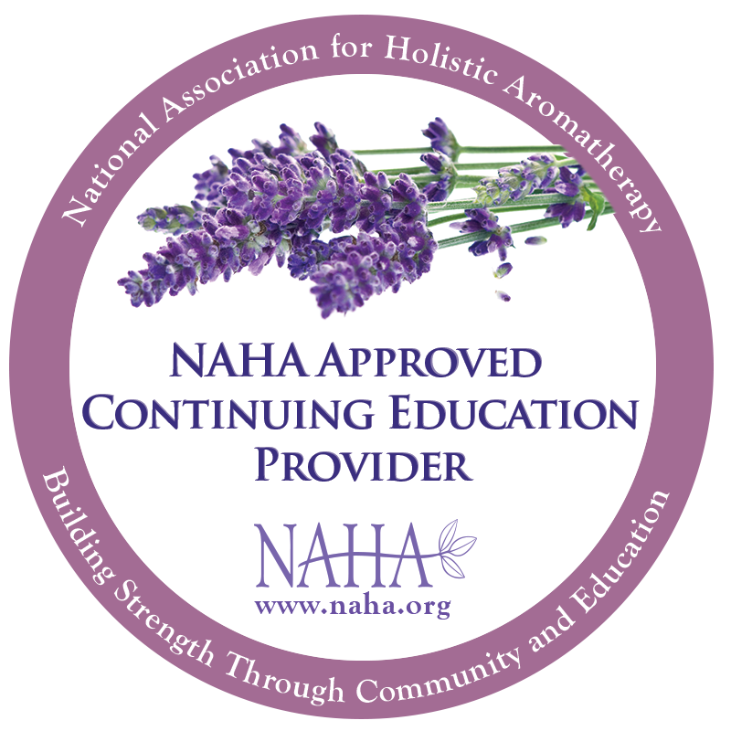 A lavender sprig with purple flowers on a white circular background inside a purple border. The border contains text that reads: 'National Association for Holistic Aromatherapy' at the top and 'Building Strength Through Community and Education' at the bottom. The center features text: 'NAHA Approved Continuing Education Provider' and the NAHA logo with the website www.naha.org.