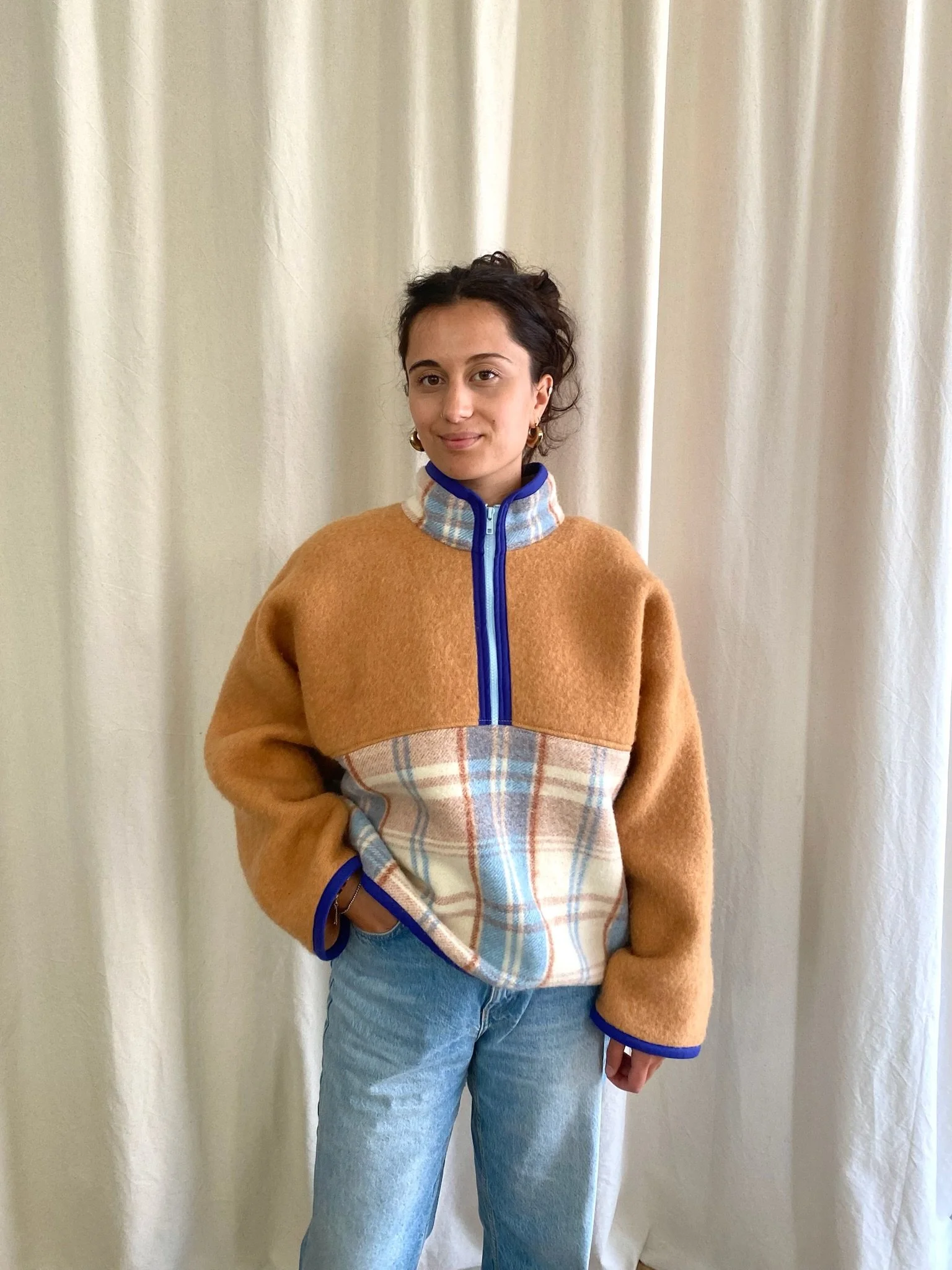Polaire demi-zip - beige à carreaux