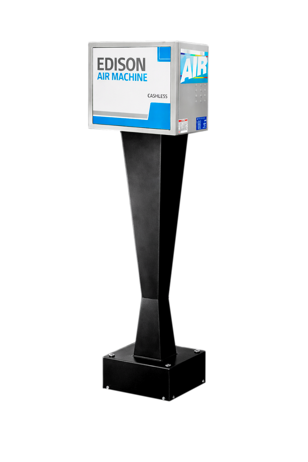 Edison air machine payment kiosk with a black stand and a screen displaying the brand name and features.