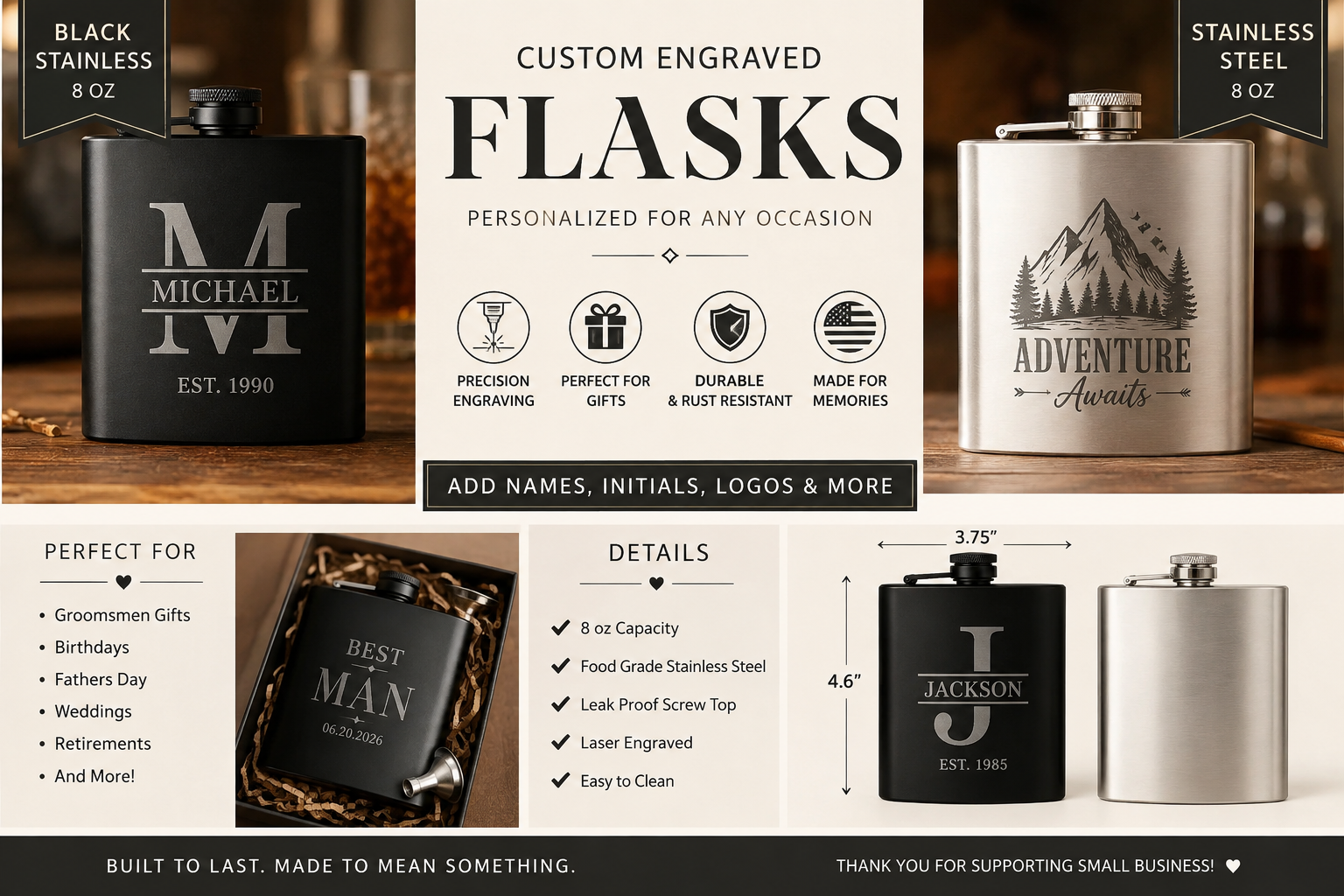 Custom Engraved 8 oz Flask – Black or Stainless Steel