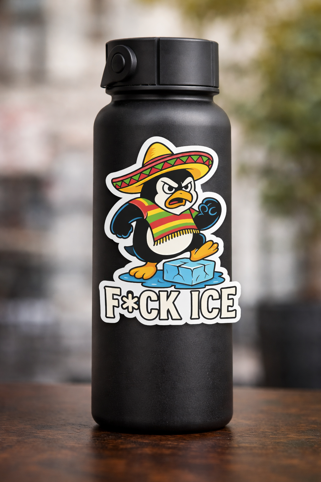 A black water bottle featuring a sticker of an angry penguin wearing a sombrero and colorful poncho, standing on ice with the words "F*CK ICE" below.