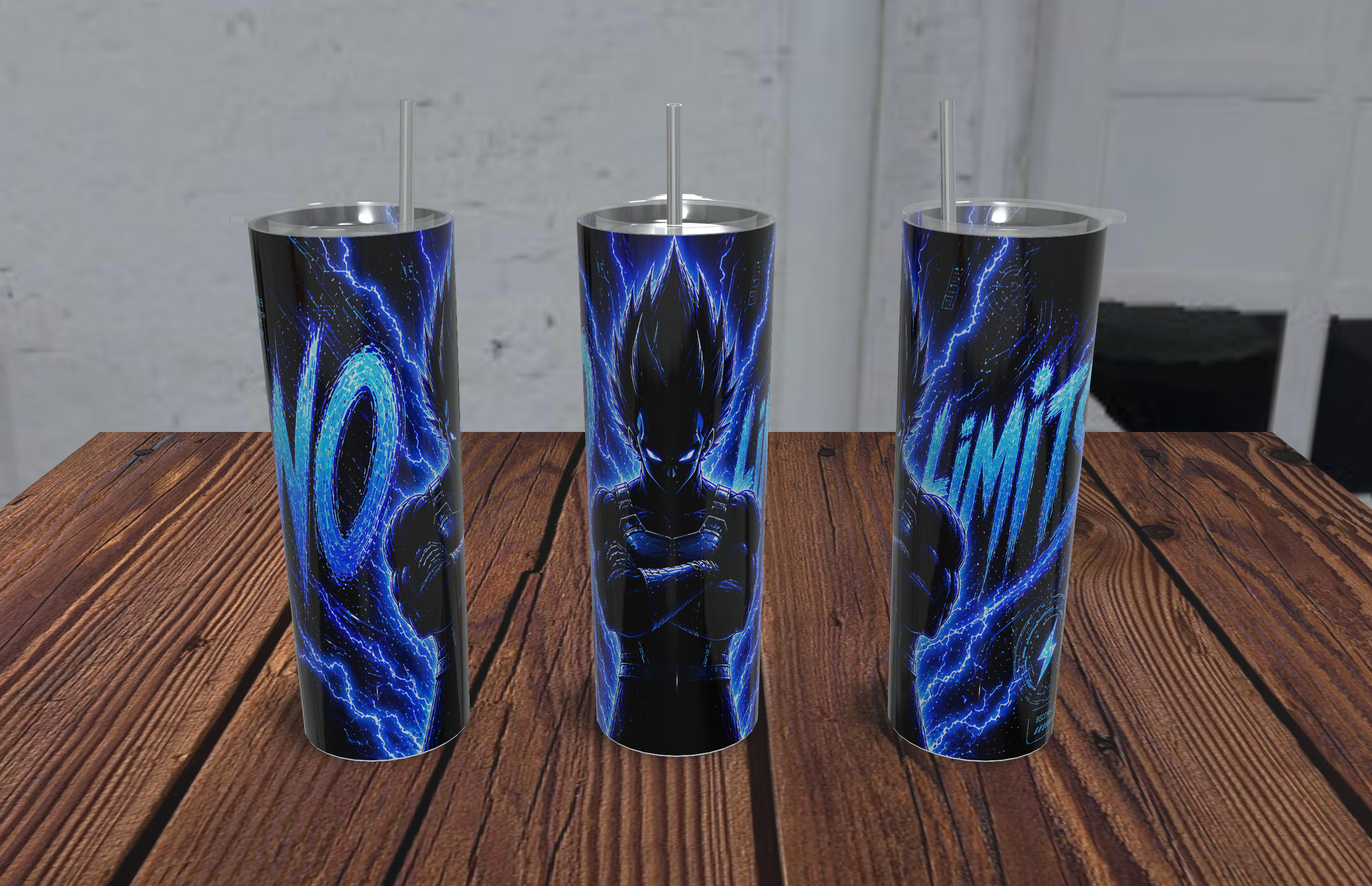 Three tall cylindrical containers with electric blue lightning and futuristic designs on a wooden table.