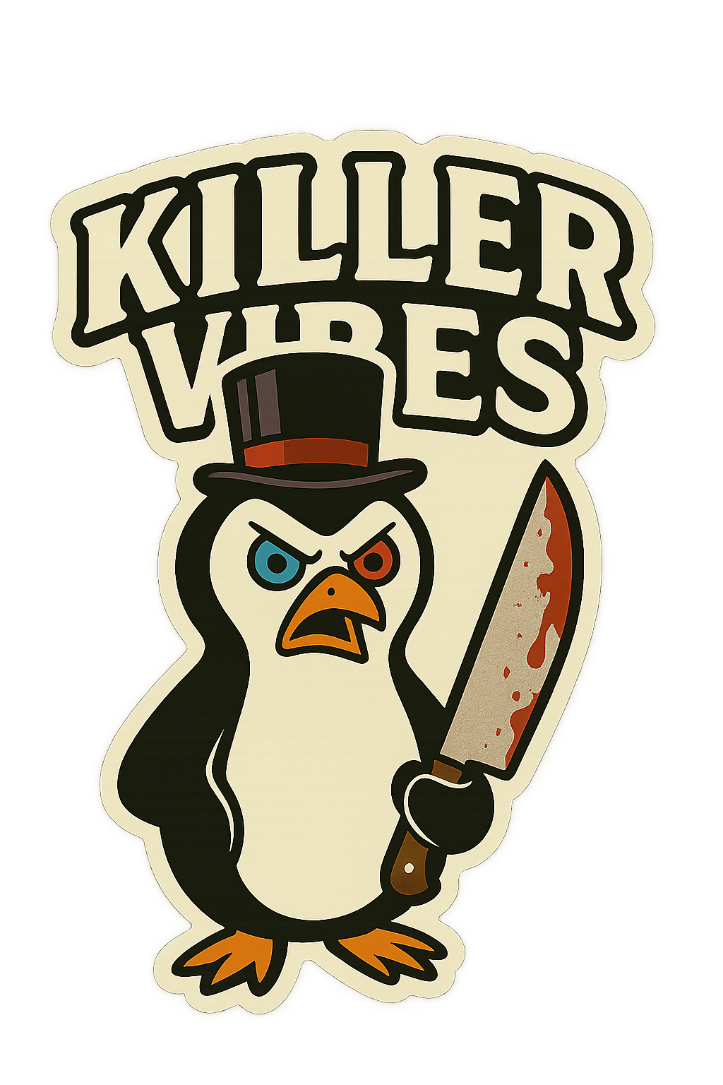Cartoon illustration of a furious-looking penguin wearing a top hat, holding a bloodied knife, with the words 'Killer Vibes' above its head.